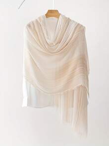 1pc Bohemian-Style Fashionable And Simple Striped Gradient Pleated Fringed Lady's Scarf, Casual And Versatile Headscarf, Windproof And Sun-Protective Shawl Accessory For Women, Autumn/Winter - Khaki - View 5