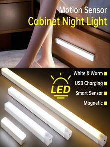 3pcs Infrared Sensor LED Cabinet Lights, USB Rechargeable Low Energy Consumption Long Battery Life Lithium Battery Night Light, With Button Switch, Suitable For Kitchen, Stairs, Hallway, Closet - 50cm - View 2