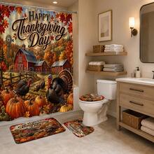 1pc/4pcs Autumn Harvest Country Farmhouse Turkey & Pumpkin Pattern Multi-Functional Bathroom Decor Shower Curtain Set, Free 12 Hooks, Premium Holiday Atmosphere, Bathroom Mat, U-Shaped Floor Mat And Round Toilet Lid Cover, Suitable For All Scenes Decoration Bathroom Set - Autumn Harvest Turkey and Pumpkin - View 8