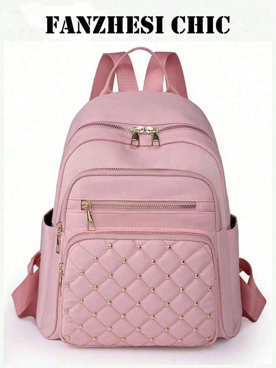Sweet Solid Color Rhombus Stitched Daypack With Side Storage Pockets, Adjustable Wide Shoulder Strap Fashion Storage Backpack For Women Outdoor Use - Pink - View 1