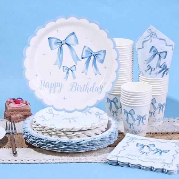 10/20/50Pcs,White With Light Blue Coquette Bow & Star Print Party Tableware, Blue Bow Disposable Scalloped 7inch & 9inch Paper Plates,9oz Cups And Napkins With Ribbon Bow Star Print Dinnerware For Bachelorette Engagement BabyShower Bridal Party Decor