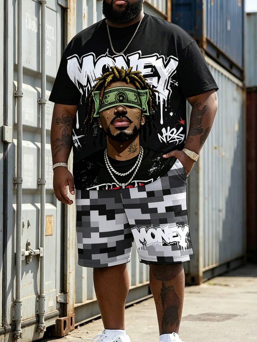 Men's 2-Piece Outfit, Plus Size, Men's Shorts, Men's Patterned Shirt, Streetwear "Hip Hop Men, Black + Gray Camouflage" Pattern Sports Set - Polyester Fabric, Drawstring, Pockets, Suitable For Plus Size Body - black gray - View 1