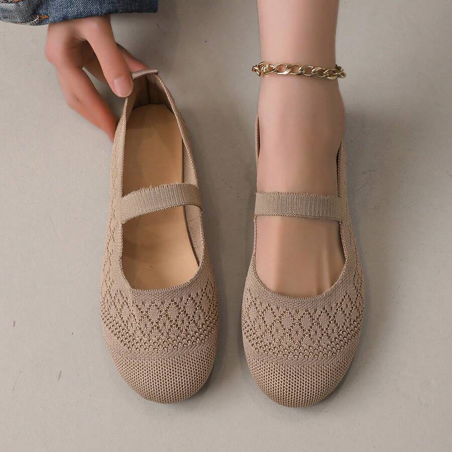 1 par de zapatos Mary Jane de punto hueco para niñas, con correa elástica única, suela plana suave, zapatos tipo slip-on, transpirables, ligeros, antideslizantes, para uso diario, casual, versátil, cómodo y sin fatiga - Caqui - Ver 1