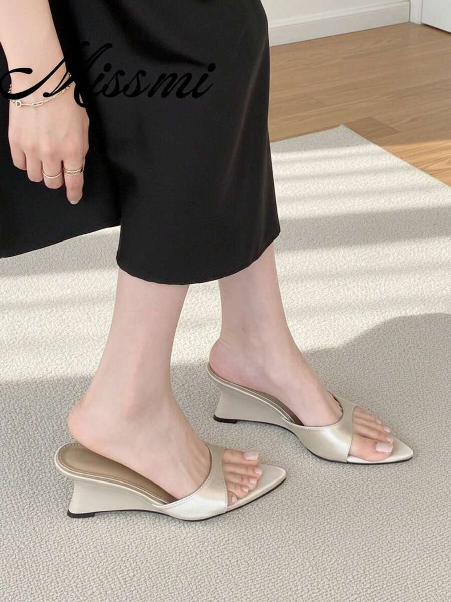 Pointed Toe Wedge Slide Sandals, New Summer Flat Thong Sandals, Unique Design High Heel Shoes For Women - Beige - View 1