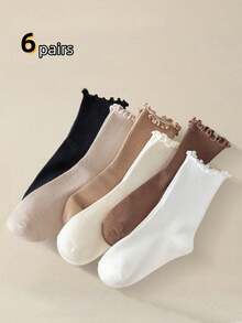 6 Pairs Women's Mid-Calf Socks, Spring/Autumn Ruffle Lace Socks, Japanese Style Velvet Socks, Autumn/Winter Women's Short Socks - Multicolor - View 9