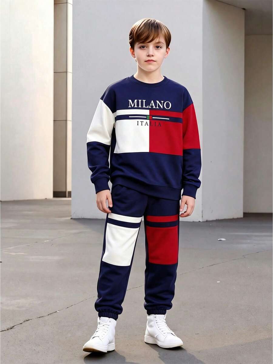 Boys' Spring/Autumn Outfit, Colorblock Letter Print Long Sleeve Top + Casual Jogger Pants, Suitable For 8-12 Years Old - Royal Blue - View 1
