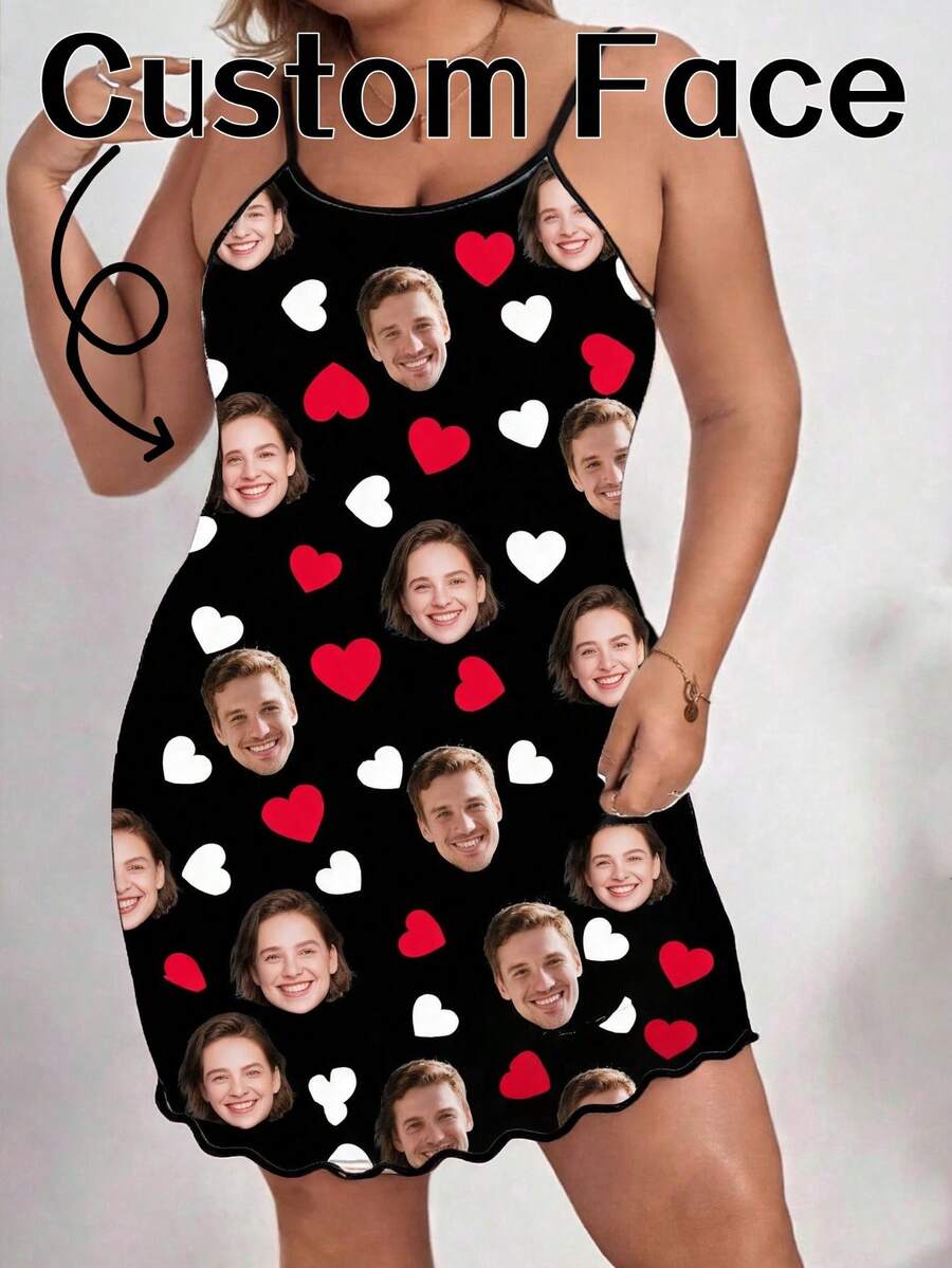 Women's Customized Spaghetti Strap Sleeveless Mini Slip Dress, Black, Personalized Double-Sided Red And White Heart All-Over Print - Multicolor - View 1