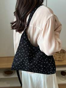 大容量燈芯絨托特包女款，2026新款時尚通勤單肩手提包，小眾百搭設計 - 黑色 - 查看 4