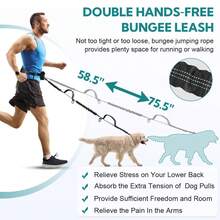 Pochete para corrida com cães, mãos livres, com cinto, alças duplas, guia elástica retrátil, adequada para cães de porte médio a grande, costura refletora, ideal para caminhadas, trilhas e ciclismo. - Preto + Azul Celeste (Corda de Reboque Simples) - Visão 2