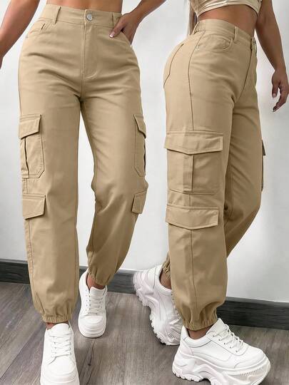 BAIQIANSHI Khaki Pocket Button Elegant Casual Commute Loose Comfortable Lightweight Polyester Jogger Pants For Women, Suitable For Teacher's Day, Thanksgiving, Graduation, Back To School, Country Music Concert, Street, Airport, Vacation, Office, Club, Home, Daily Wear, Travel, Sports And Fitness, All Seasons