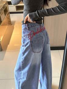 Women's American Design Embroidered Curved Leg Jeans, High Waist Light Blue Wide Leg Pants, Spring (Random Print) Casual Autumn - Blue - View 2