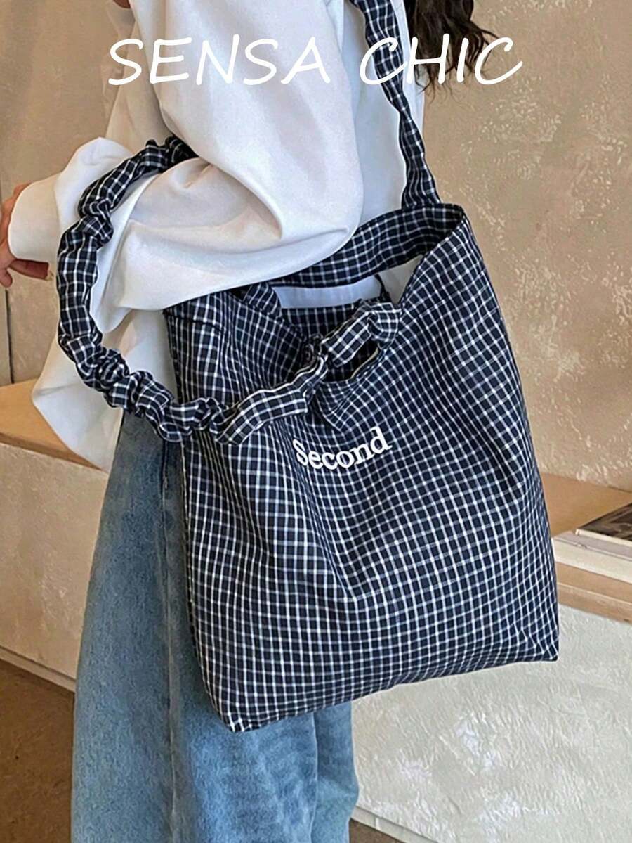 黑白格紋柔軟托特包,寬鬆風格,適合媽媽購物、教師通勤及郊區戶外郊遊 - 黑色 - 查看 1