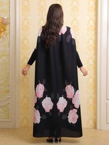 Floral Print Elegant Plus Size Robe - Black - View 10