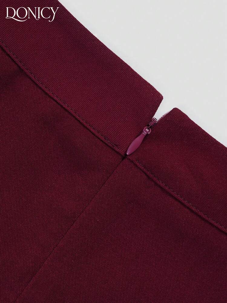 DONICY Women's Elegant Burgundy Patchwork Maxi Skirt,Structured Waist With Shiny Tulle Ruffle Hem&Square Buckle Belt, Perfect For Spring Office & Casual Wear - Burgundy - View 3