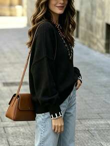 Thick Knit Pullover Sweater With Rough Edge Decor, Loose Fit, Long Sleeve Top For Autumn/Winter - Black - View 4