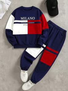 Boys' Spring/Autumn Outfit, Colorblock Letter Print Long Sleeve Top + Casual Jogger Pants, Suitable For 8-12 Years Old - Royal Blue - View 3