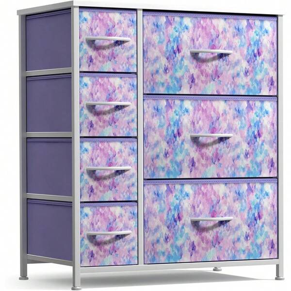 Kids Dresser With 7 Drawers - Storage Chest Organizer Unit With Steel Frame, Wood Top & Handles, Tie-Dye Fabric Bins For Clothes - Wide Furniture For Bedroom Hallway Kids Room Nursery & Closet