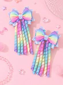 2pcs Dopamine Ombre Curly Hair Clips For Girls,Elegant Bows Headdress For Daily,Sparkling Party Star Barrettes,Fashionable Girly Hair Accessories - Multicolor - View 5