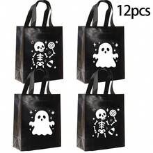 12pcs Halloween Black Gift Bags, Day Of The Dead Ghost & Skeleton Pattern Party Favor Packaging Bags, Holiday Decoration Tote Bags - 20x25x10cm - View 8