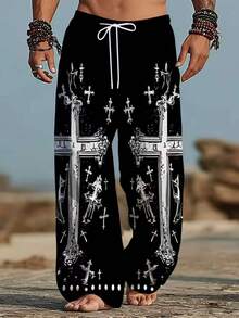 Quần dài nam ống rộng phong cách Gothic đen trắng in họa tiết thánh giá, vintage mài rách hình đầu lâu, có dây rút, mặc đi biển và ở nhà - Nhiều màu - Xem 1