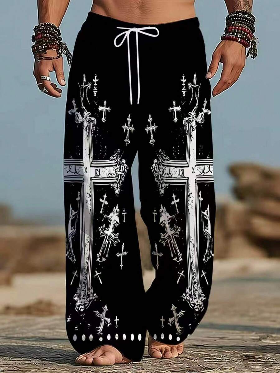 Quần dài nam ống rộng phong cách Gothic đen trắng in họa tiết thánh giá, vintage mài rách hình đầu lâu, có dây rút, mặc đi biển và ở nhà - Nhiều màu - Xem 1