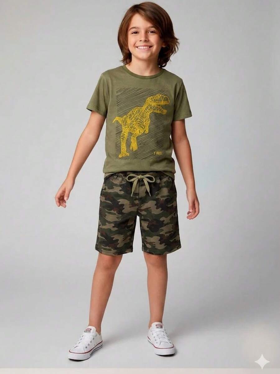 Conjunto Menino Verão Verde Militar Estampado - AMK - Verde - Visão 1