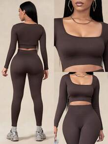 1 Set Donna Top Marrone Scollo Quadrato Maniche Lunghe + Pantaloni Vita Alta Sollevamento Glutei Modellanti Yoga/Fitness Set Sportivo Estivo - Castano - Visualizzare 5