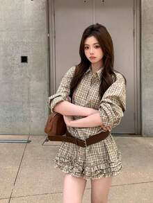 韩版高端纽扣荷叶边格纹长袖衬衫，女士百搭秋季内搭 - 杏色 - 查看 1