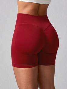1pc Women's Ribbed Solid Color Seamless Fitted Sports Shorts, Butt-Lifting Ruched Body-Hugging Outdoor Sports Shorts For Running, Yoga And Workout Red - Red - View 6