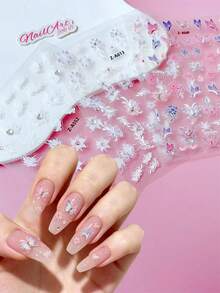 2pcs 5D Embossed Rhinestone Nail Sticker, Nails, DIY Decoration, Featuring White Snow Mowing, Aurora Iridescent Pink Purple Flowers, And Butterfly Patterns, Suitable For Creating Sweet, Dreamy, And Gentle Wedding Nail Art In Summer Nail Stickers - Multicolor - View 4