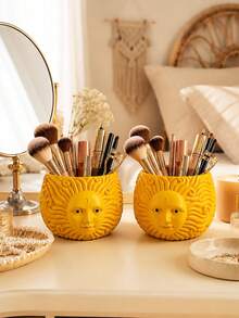 1pc Bohemian Style Resin Makeup Brush Storage Bucket, Style, Desktop Pen Holder, Office Supplies, Makeup Brush Storage Box, Home Decoration, Storage Jar, Miscellaneous Item Organizer. - A - View 4