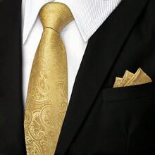 Golden Yellow Paisley Men Tie Handkerchief Cufflinks Tie Clip Full Set, Gala Celebration Tuxedo Matching Accessory For Gentlemen - Gold - View 4