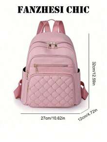 Sweet Solid Color Rhombus Stitched Daypack With Side Storage Pockets, Adjustable Wide Shoulder Strap Fashion Storage Backpack For Women Outdoor Use - Pink - View 4
