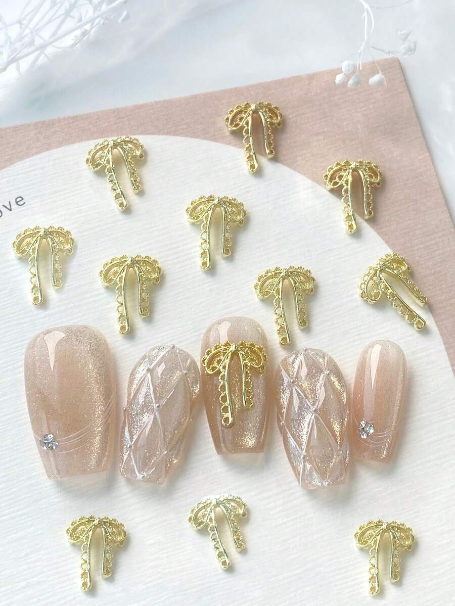 TSZS 20件 Y2K 精緻蝴蝶結流蘇美甲飾品,金色 DIY 美甲裝飾配件 - 金色 - 查看 1