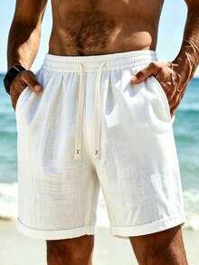 Men's Summer Bamboo Linen Drawstring Shorts, Loose Breathable Bermuda Casual Beach Vacation Pants - White - View 1