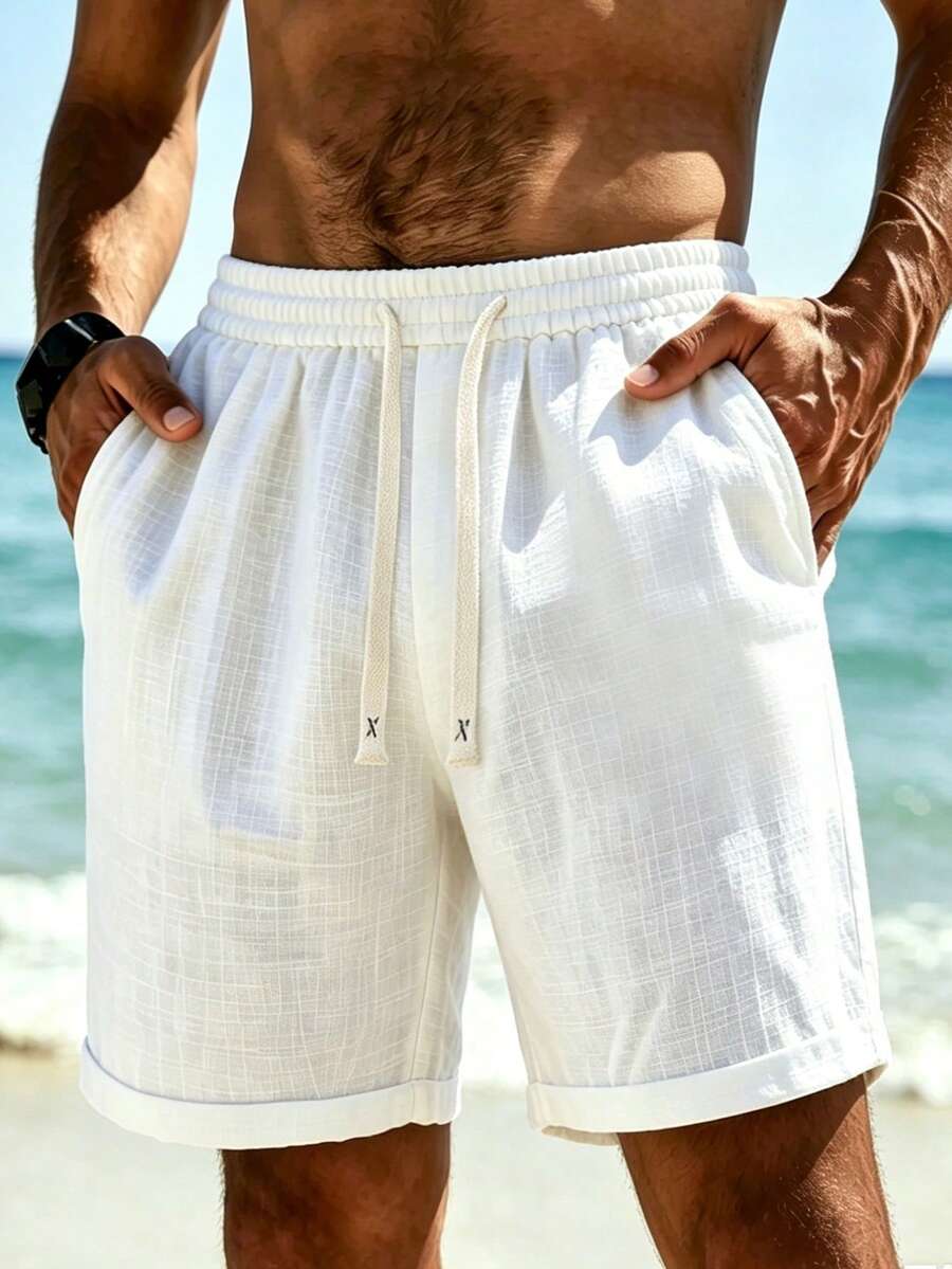 Men's Summer Bamboo Linen Drawstring Shorts, Loose Breathable Bermuda Casual Beach Vacation Pants - White - View 1