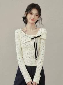 Women's Bow Polka Dot Long Sleeve T-Shirt, Spring New Slim Fit Inner Top - Apricot - View 2