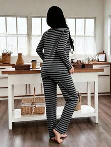 Spring/Autumn New Black & Grey Striped Women's Long Sleeve Pajama Set 2pcs, Fashionable Versatile Long Sleeve & Long Pants Loungewear, Soft Comfortable Casual Home Wear Suitable For Outdoor Wear - Multicolor - View 2