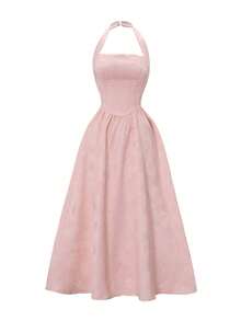 Gaun Midi Wanita Gaya Vintage Prancis Musim Semi/Panas Warna Pink dengan Motif Bunga Emboss, Kerah Kotak, Pinggang Serut, Potongan A-Line, Pakaian Malam Elegan - Berwarna merah muda - View 6