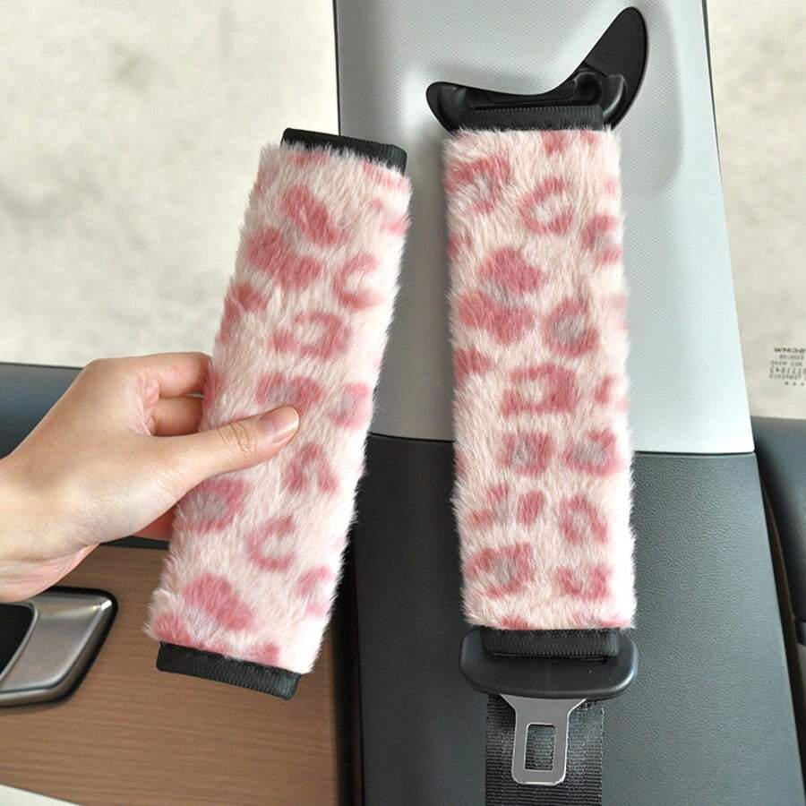2pcs Personalized Leopard Print Plush Car Seat Belt Shoulder Pads, Anti-Chafe Shoulder Strap Covers, Universal Fit Car Interior - A - View 1