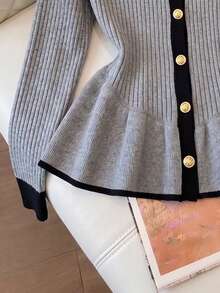 Women's Fashion Long Sleeve Knit Cardigan, Peter Pan Collar With Gold Buttons, Ribbed Knit Casual Top, Autumn/Winter Outfit - Grey - View 6