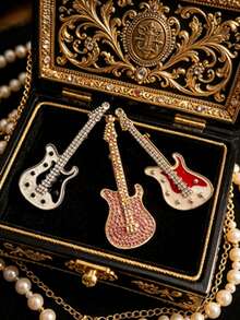 1pc Guitar Shaped Lapel Brooch, Unique Personalized Decoration, Cool Retro Street Style Badge, Suitable For Women Of All Ages, Daily Jacket And Bag Accessory - Guitar Model a - View 4