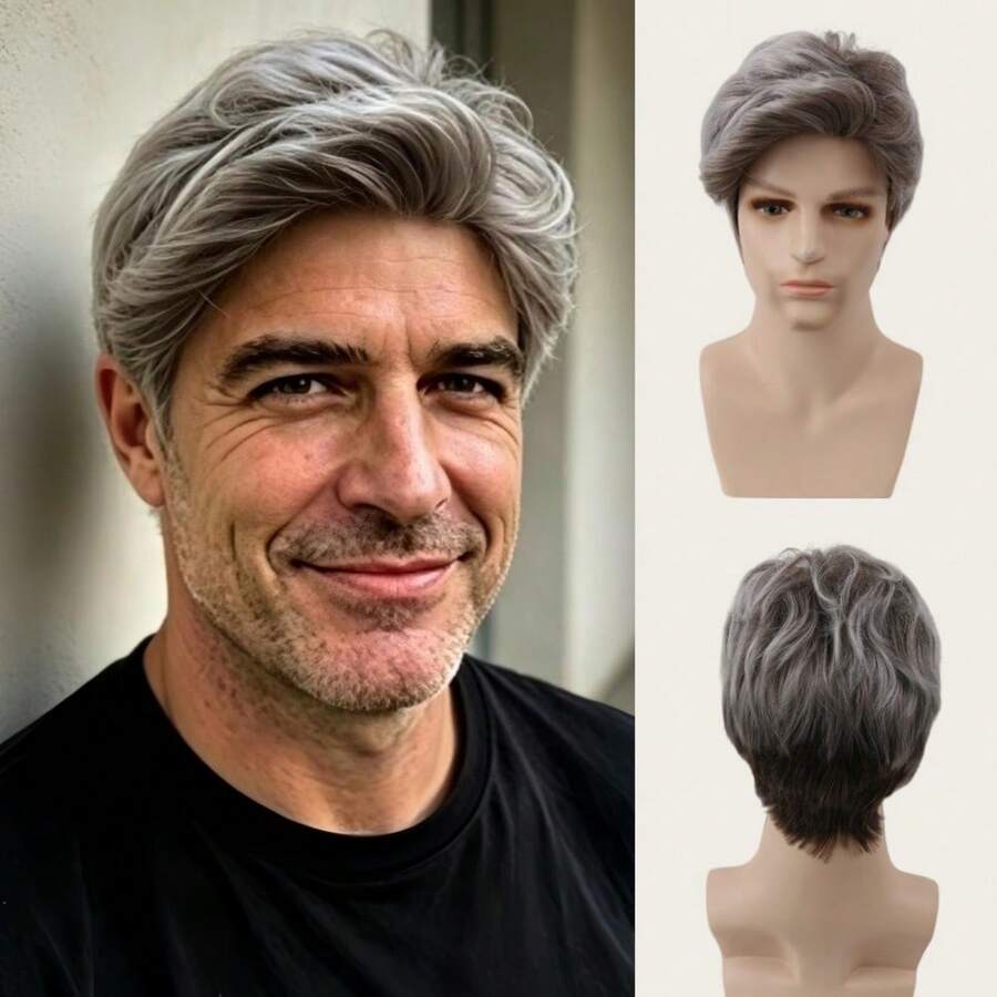 Men Mixed Salt Pepper Grey Brown Short Wig Heat Resistant Synthetic Wig For Daily Office Halloween Cosplay Costume Wig - Maroon - View 1