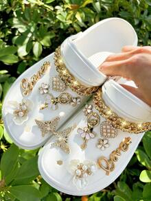 New 16pcs DIY Gold Ballet Angel Girl Chain, Heart, Flower, Butterfly, Faux Pearl Camellia Detachable Shoe Flower Decoration Buckle, Suitable For Garden Shoes, Beach Shoes, Sandals, Slippers, Holiday Gifts - Gold - View 1