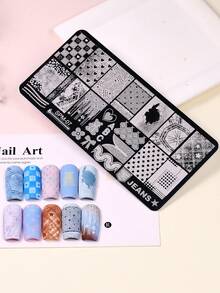 1 peça Placa de Carimbo para Unhas em Denim, Molde de Arte de Unhas em Aço Inoxidável com Textura de Denim, Coração, Xadrez, Bolinhas, Urso, Laço, Estrela e Padrão Grunge Rasgado, Placa de Carimbo de Unhas Y2K Doce e Feminina Estilo Cowboy para Acessórios de Manicure DIY de Salão - Prata - Ver 7