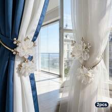 2pcs Luxury Pearl Floral Curtain Tiebacks, 3D Flower Bedroom Living Room Soft Decor Curtain Tie, Window Decoration - Alloy - View 15