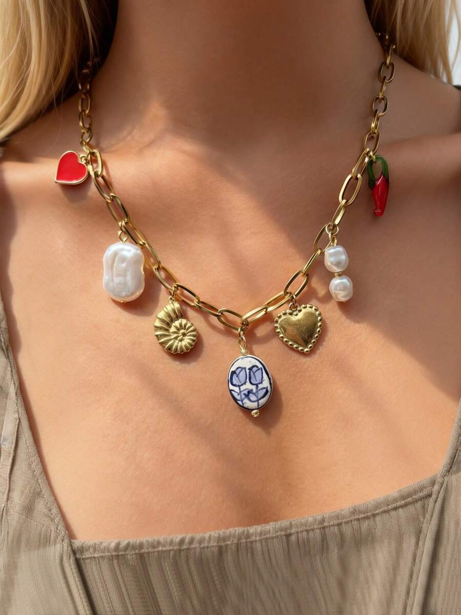 1 pièce Collier en acier inoxydable doré charmant avec pendentif en fausse perle, tulipe, cœur, coquillage, convient pour le port quotidien des femmes, la plage d'été, les vacances, les fêtes - Or jaune - Voir 1
