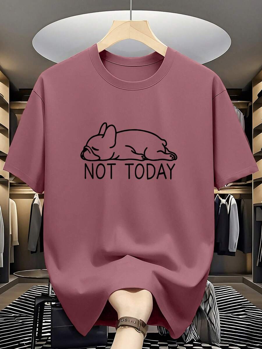 夏季休閒百搭「NOT TODAY」懶狗印花圓領短袖T恤 - 紅色 - 查看 1