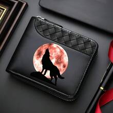 Men's Short Zipper Wallet, Red Moon Howling Wolf Print PU Leather Bifold Wallet, Woven Texture Multi-Card Slot Coin Purse - Multicolor - View 1