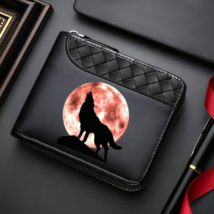 Men's Short Zipper Wallet, Red Moon Howling Wolf Print PU Leather Bifold Wallet, Woven Texture Multi-Card Slot Coin Purse - Multicolor - View 1